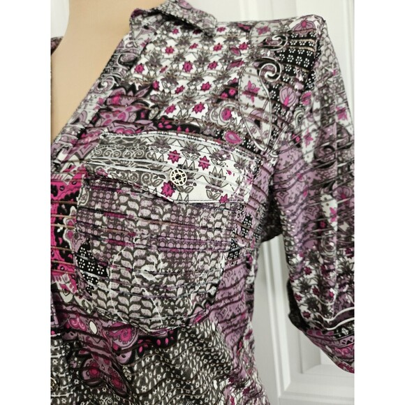 Cathy Daniels Roll Tab Blouse Silvertone Buttons Medallion Pattern Size S - Picture 3 of 9